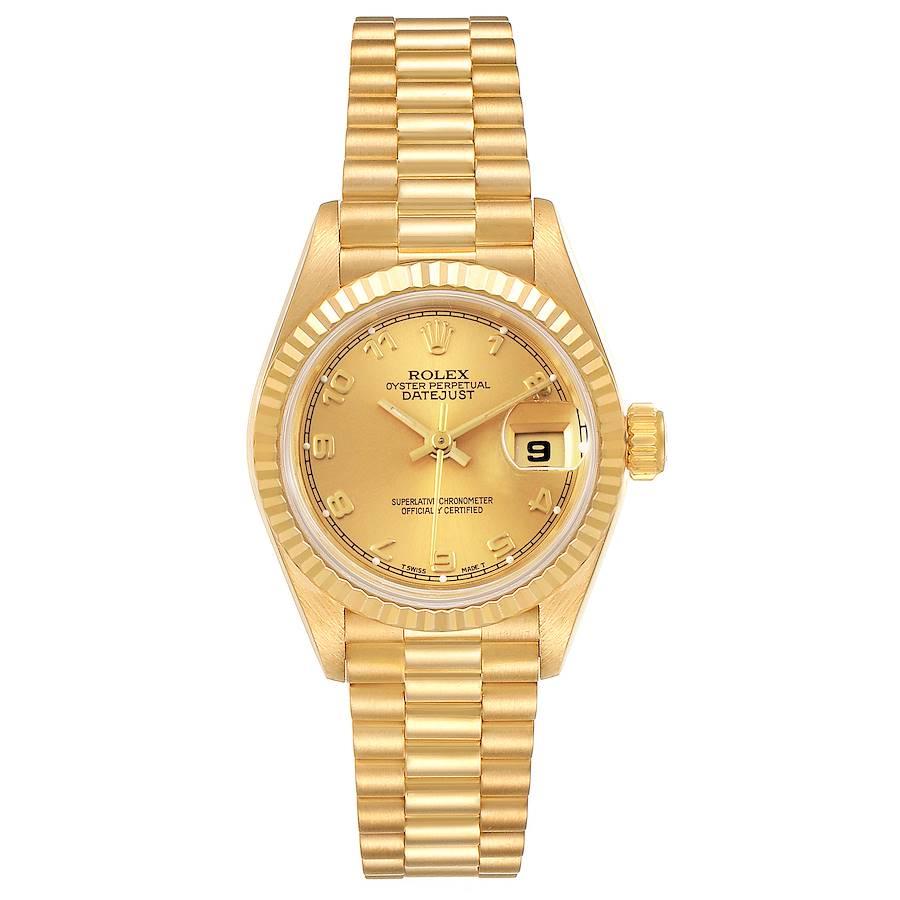 Rolex President Datejust 18K Yellow Gold Champagne Dial Ladies Watch 69178. Officially certified chronometer self-winding movement. 18k yellow gold oyster case 26.0 mm in diameter. Rolex logo on a crown. 18k yellow gold fluted bezel. Scratch