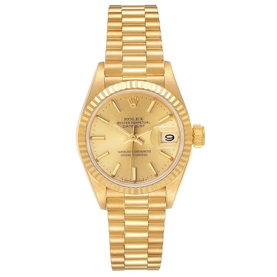 Rolex President Datejust 18K Yellow Gold Champagne Dial Ladies Watch 69178. Officially certified chronometer self-winding movement. 18k yellow gold oyster case 26.0 mm in diameter. Rolex logo on a crown. 18k yellow gold fluted bezel. Scratch
