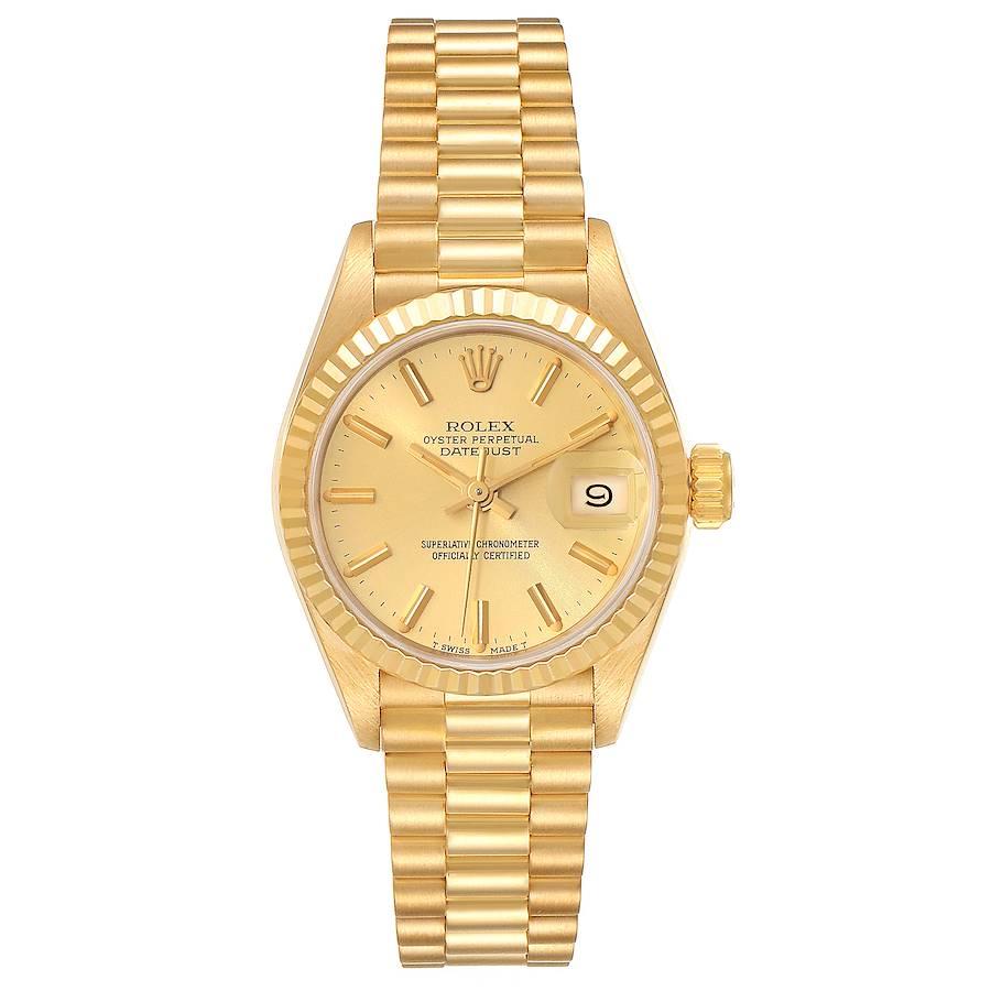 Rolex President Datejust 18K Yellow Gold Champagne Dial Ladies Watch 69178. Officially certified chronometer self-winding movement. 18k yellow gold oyster case 26.0 mm in diameter. Rolex logo on a crown. 18k yellow gold fluted bezel. Scratch
