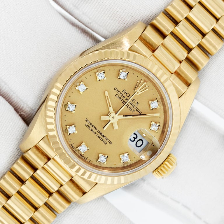 Round Cut Rolex President Datejust 18K Yellow Gold Champagne Diamond Dial Lady Watch 69178 For Sale
