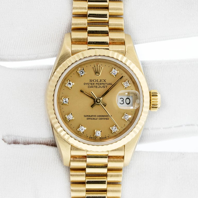Rolex President Datejust 18K Yellow Gold Champagne Diamond Dial Lady Watch 69178 In Good Condition For Sale In Los Angeles, CA