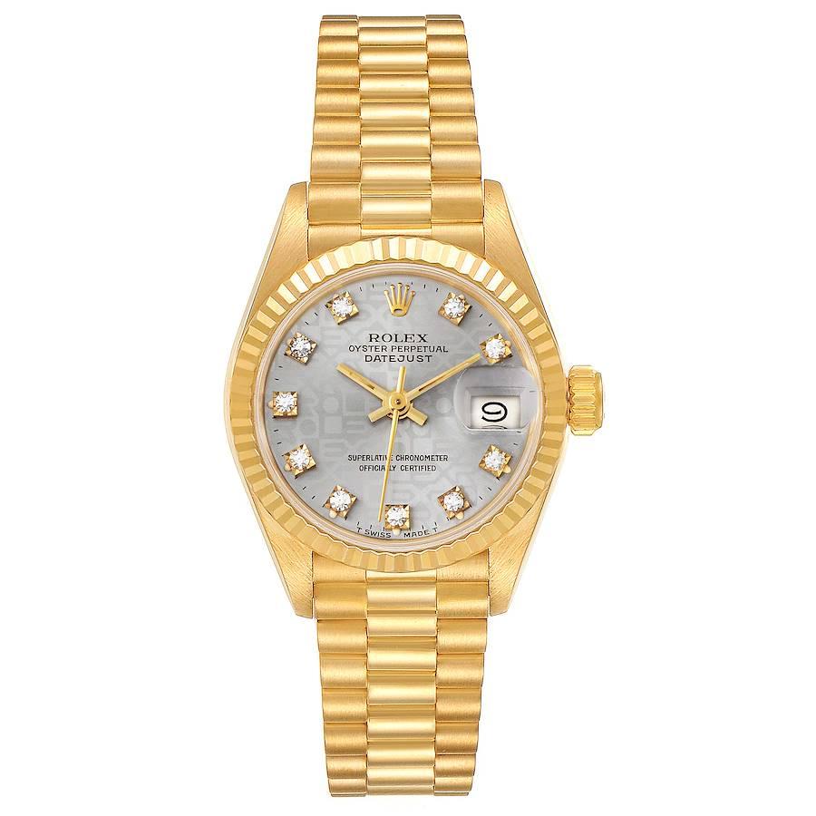 Rolex President Datejust 18K Yellow Gold Diamond Ladies Watch 69178. Officially certified chronometer self-winding movement. 18k yellow gold oyster case 26.0 mm in diameter. Rolex logo on a crown. 18k yellow gold fluted bezel. Scratch resistant