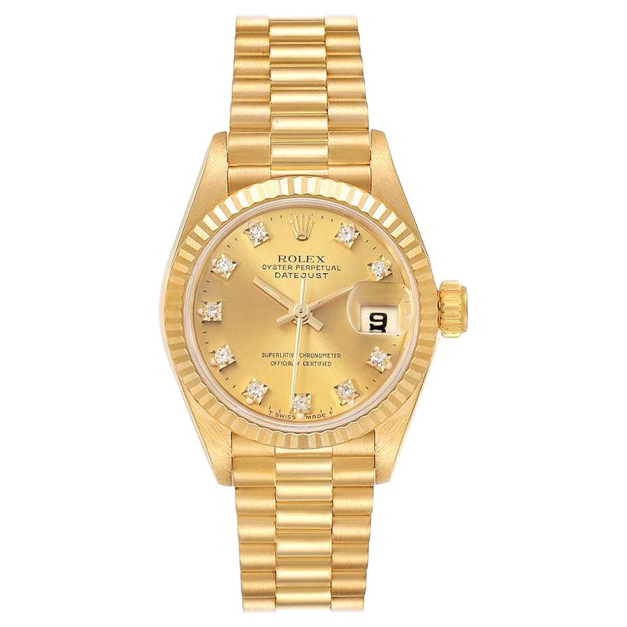 Rolex President Datejust 18k Yellow Gold Diamond Ladies Watch 69178 For Sale