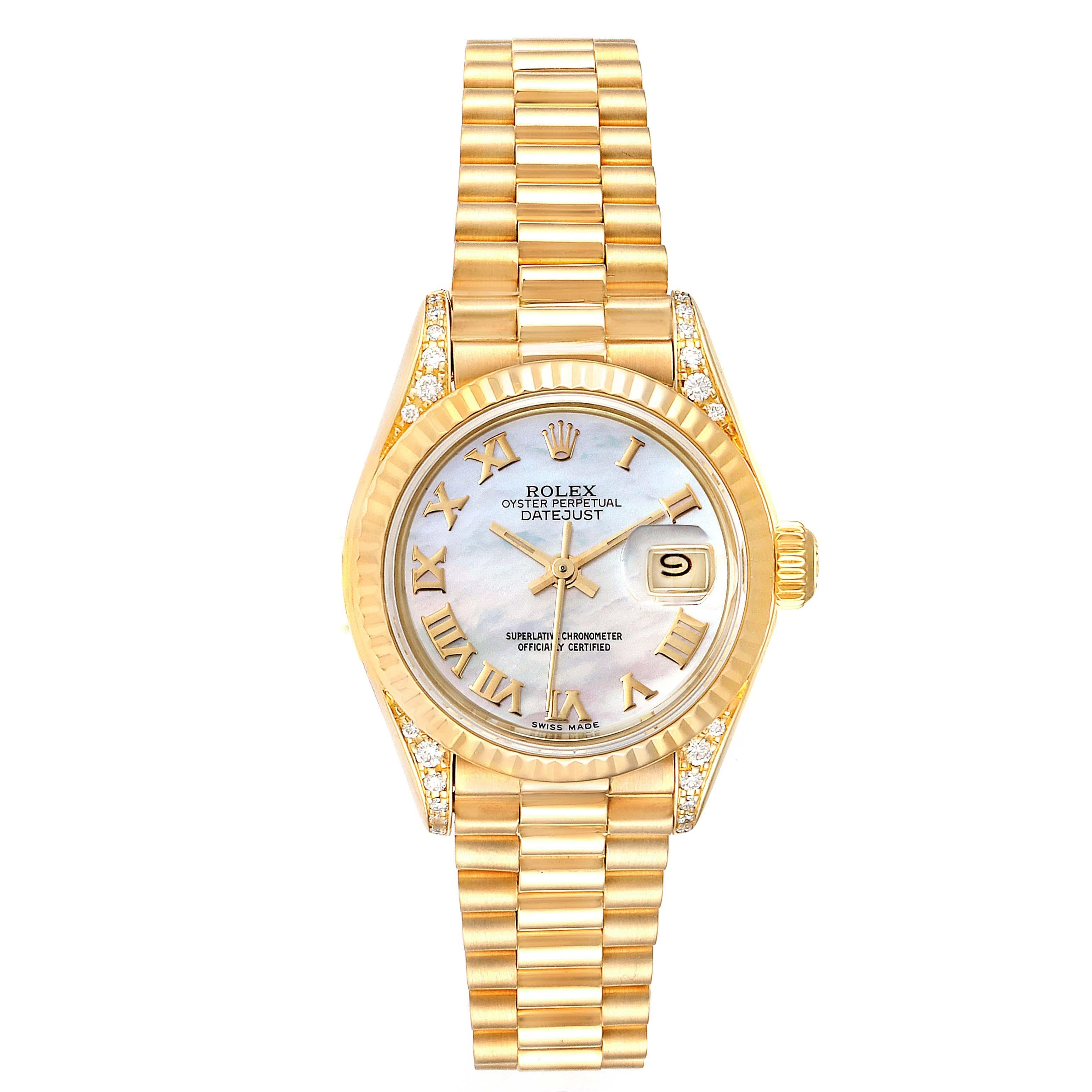 Rolex President Datejust 18K Yellow Gold Diamond Watch 69188. Officially certified chronometer self-winding movement. 18k yellow gold oyster case 26.0 mm in diameter. Rolex logo on a crown. Original Rolex factory diamond lugs. 18k yellow gold fluted
