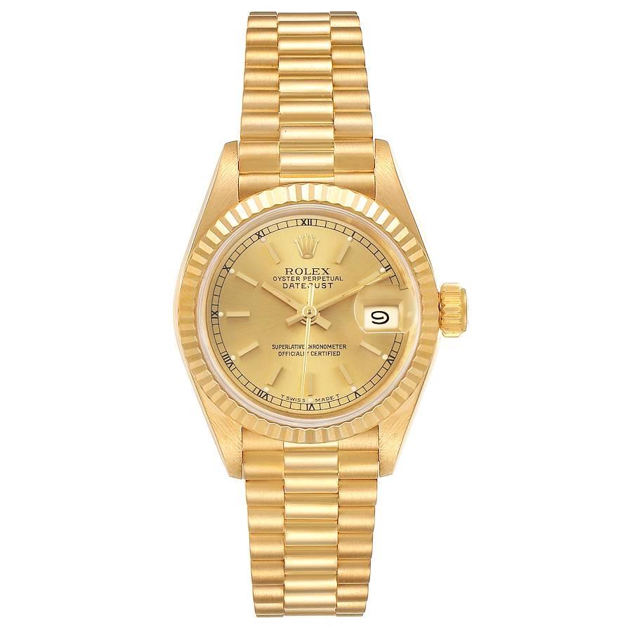 Rolex President Datejust 18K Yellow Gold Ladies Watch 69178. Officially certified chronometer self-winding movement. 18k yellow gold oyster case 26.0 mm in diameter. Rolex logo on a crown. 18k yellow gold fluted bezel. Scratch resistant sapphire