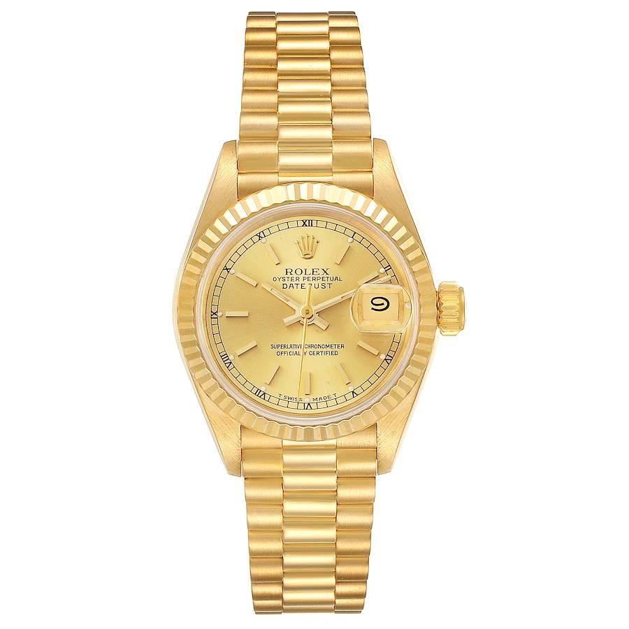 Rolex President Datejust 18K Yellow Gold Ladies Watch 69178. Officially certified chronometer self-winding movement. 18k yellow gold oyster case 26.0 mm in diameter. Rolex logo on a crown. 18k yellow gold fluted bezel. Scratch resistant sapphire