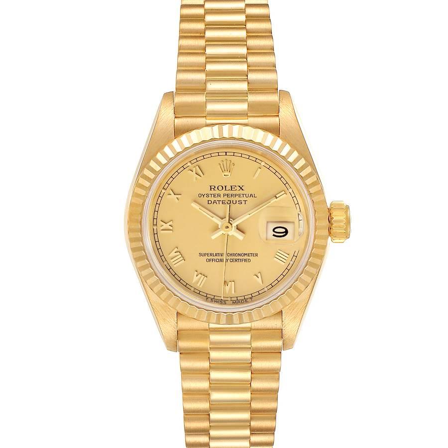 Rolex President Datejust 18K Yellow Gold Ladies Watch 69178. Officially certified chronometer self-winding movement. 18k yellow gold oyster case 26.0 mm in diameter. Rolex logo on a crown. 18k yellow gold fluted bezel. Scratch resistant sapphire