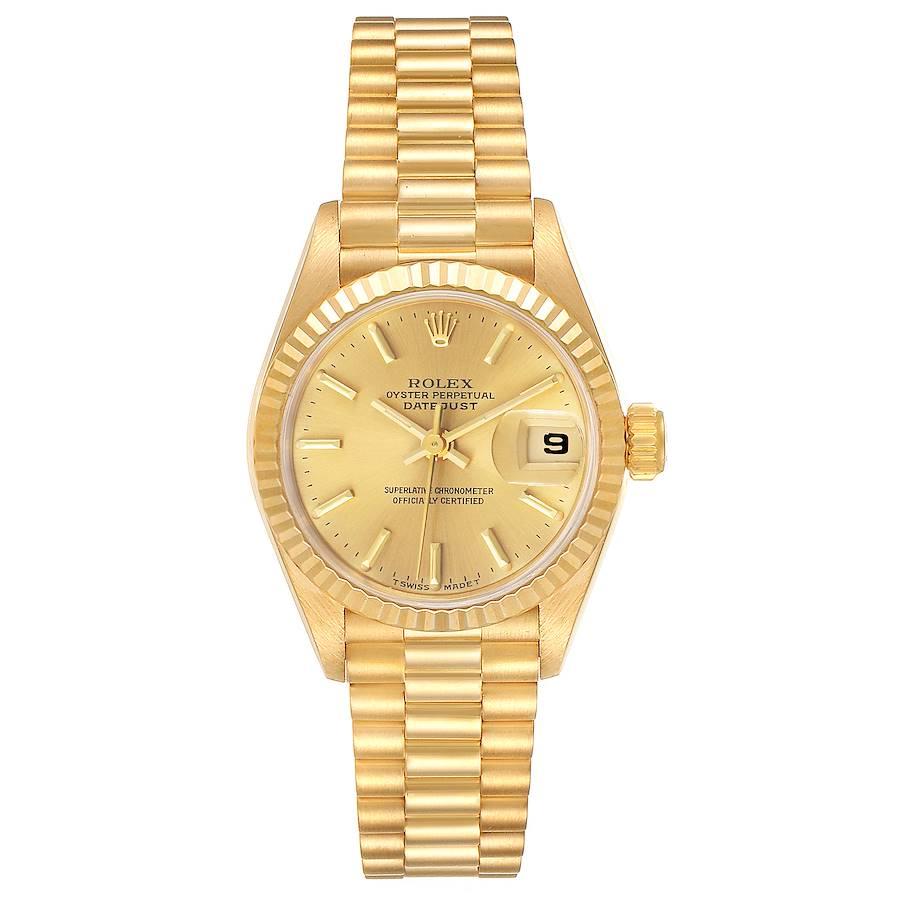 Rolex President Datejust 18K Yellow Gold Ladies Watch 69178. Officially certified chronometer self-winding movement. 18k yellow gold oyster case 26.0 mm in diameter. Rolex logo on a crown. 18k yellow gold fluted bezel. Scratch resistant sapphire