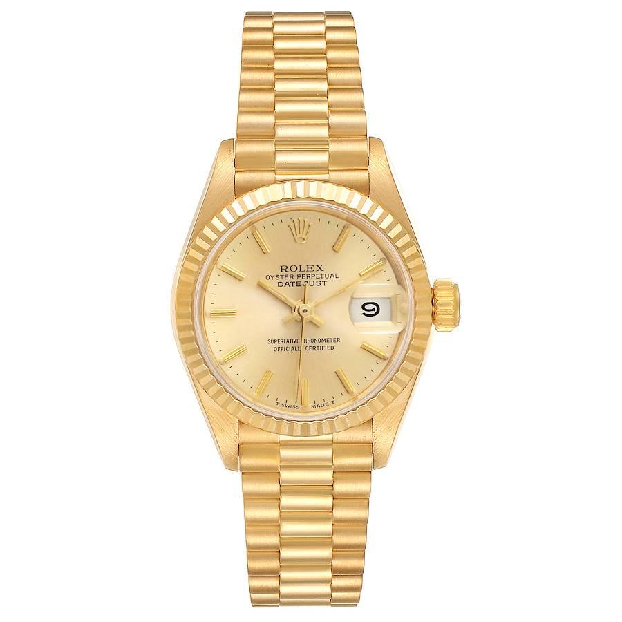 Rolex President Datejust 18K Yellow Gold Ladies Watch 69178. Officially certified chronometer self-winding movement. 18k yellow gold oyster case 26.0 mm in diameter. Rolex coronet logo on the crown. 18k yellow gold fluted bezel. Scratch resistant