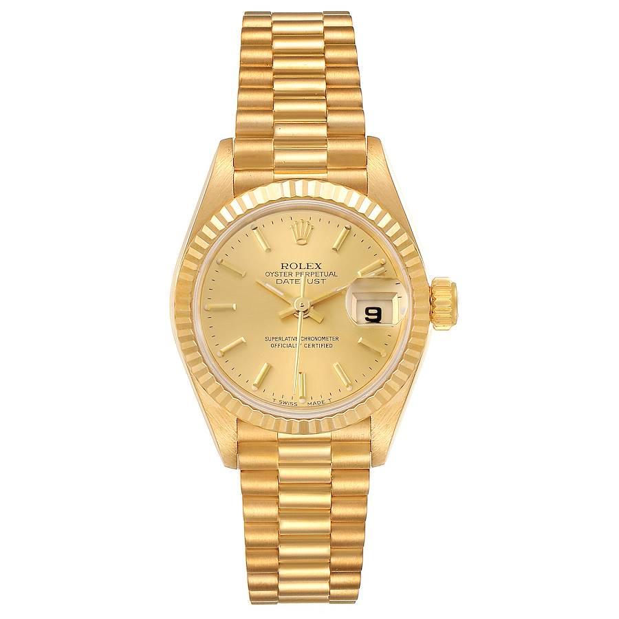 Rolex President Datejust 18K Yellow Gold Ladies Watch 69178. Officially certified chronometer self-winding movement. 18k yellow gold oyster case 26.0 mm in diameter. Rolex logo on a crown. 18k yellow gold fluted bezel. Scratch resistant sapphire