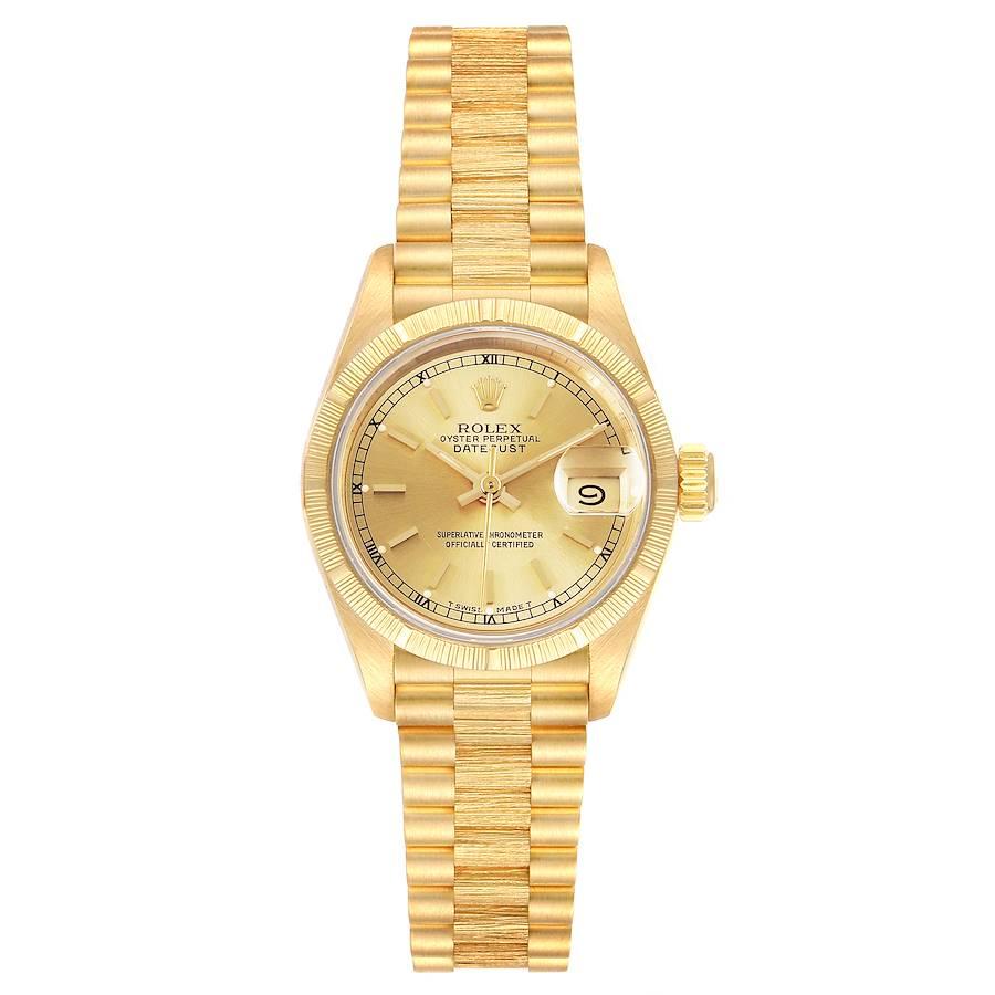 Rolex President Datejust 18K Yellow Gold Ladies Watch 69278 Box Papers. Officially certified chronometer self-winding movement. 18k yellow gold oyster case 26.0 mm in diameter. Rolex logo on a crown. 18k yellow gold engine turned bezel. Scratch