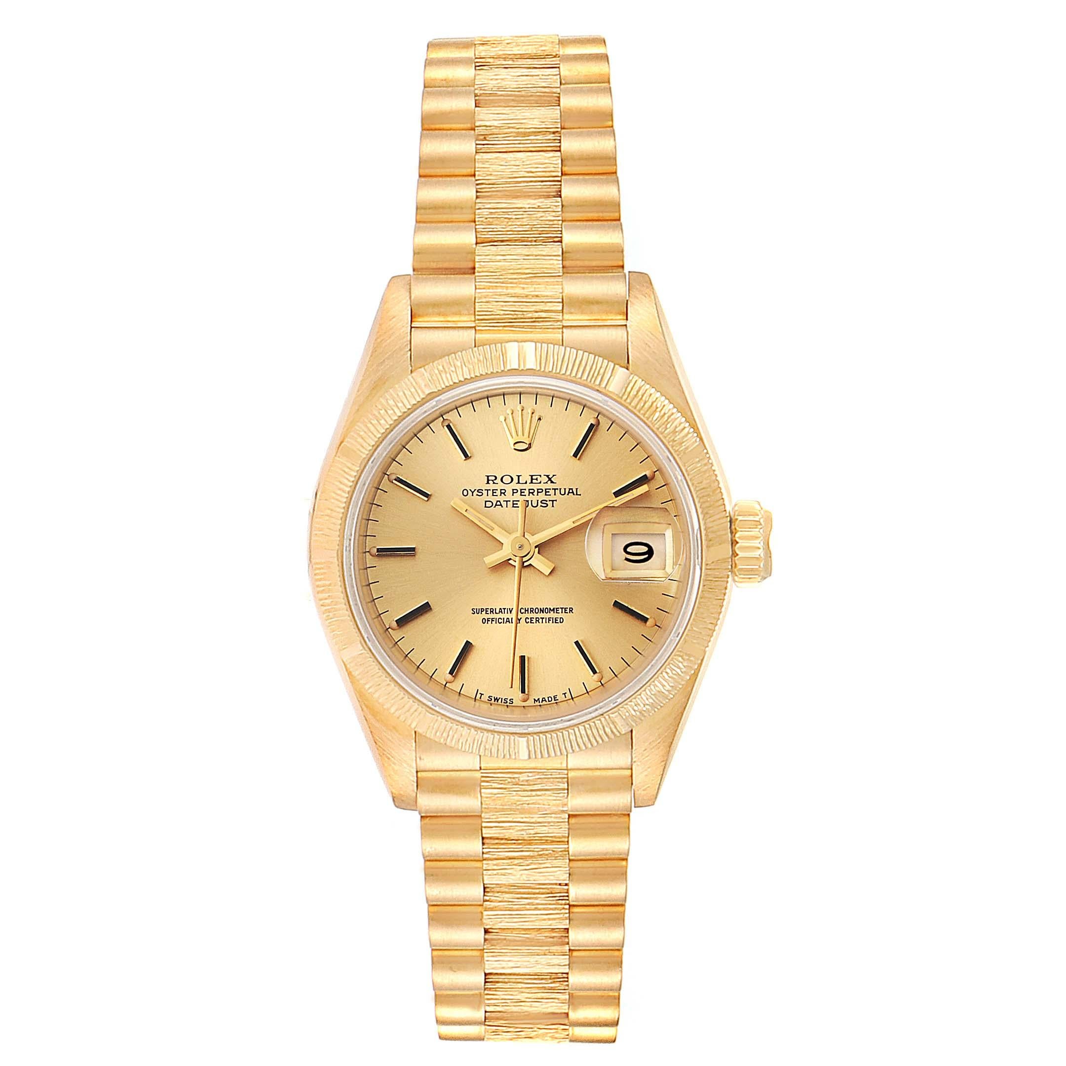 Rolex President Datejust 18K Yellow Gold Ladies Watch 69278. Officially certified chronometer self-winding movement. 18k yellow gold oyster case 26.0 mm in diameter. Rolex logo on a crown. 18k yellow gold engine turned bezel. Scratch resistant