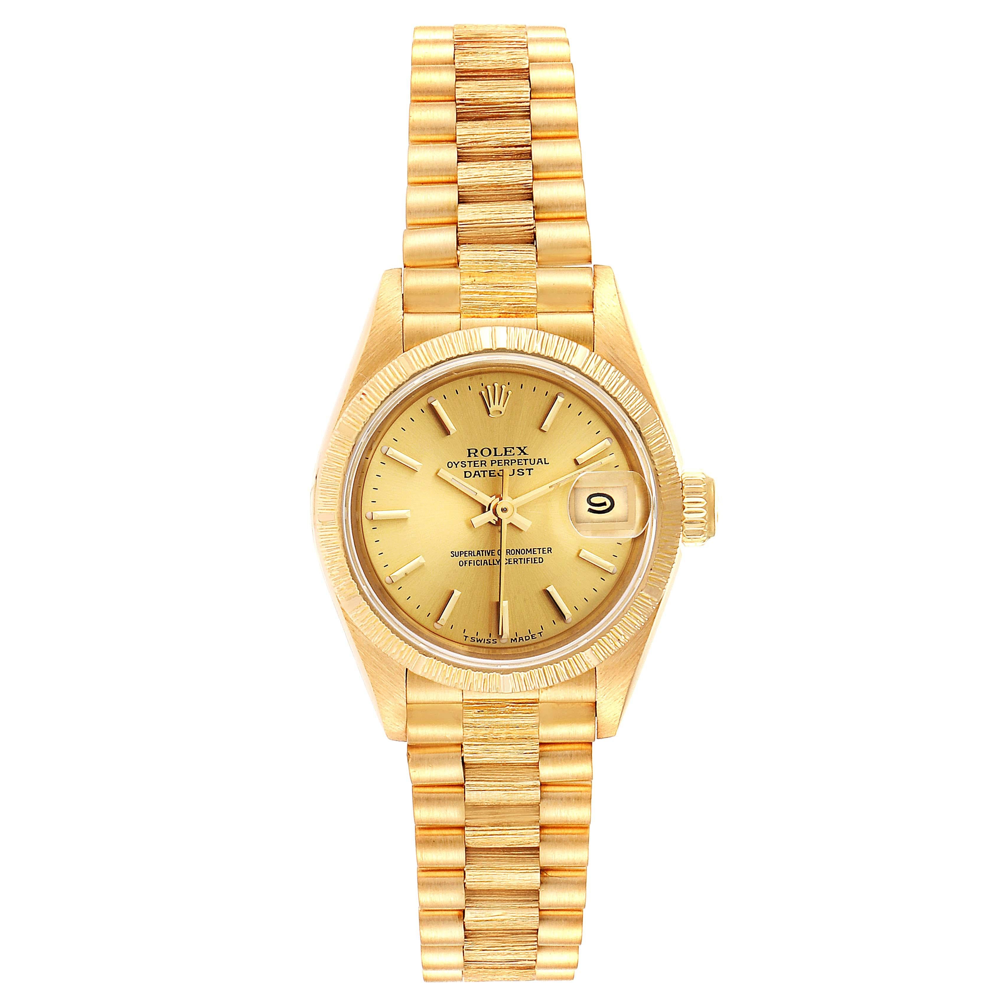 Rolex President Datejust 18K Yellow Gold Ladies Watch 69278. Officially certified chronometer self-winding movement. 18k yellow gold oyster case 26.0 mm in diameter. Rolex logo on a crown. 18k yellow gold engine turned bezel. Scratch resistant