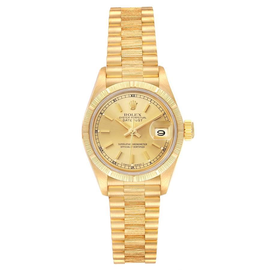 Rolex President Datejust 18K Yellow Gold Ladies Watch 69278. Officially certified chronometer self-winding movement. 18k yellow gold oyster case 26.0 mm in diameter. Rolex logo on a crown. 18k yellow gold engine turned bezel. Scratch resistant