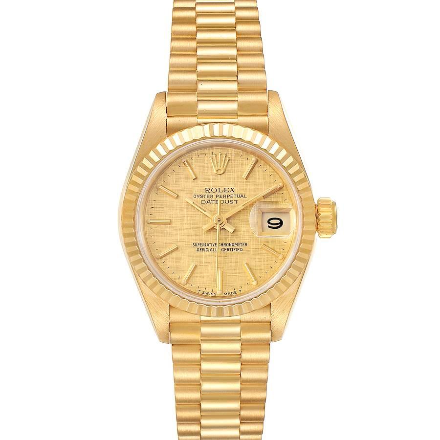 Rolex President Datejust 18K Yellow Gold Linen Dial Watch 69178 Box Papers. Officially certified chronometer self-winding movement. 18k yellow gold oyster case 26.0 mm in diameter. Rolex logo on a crown. 18k yellow gold fluted bezel. Scratch