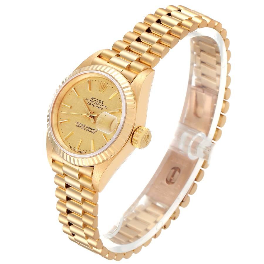Women's Rolex President Datejust 18 Karat Yellow Gold Linen Dial Watch 69178 Box Papers For Sale