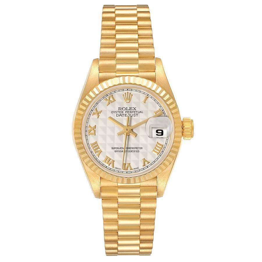 Rolex President Datejust 18K Yellow Gold Pyramid Ladies Watch 69178. Officially certified chronometer self-winding movement. 18k yellow gold oyster case 26.0 mm in diameter. Rolex logo on a crown. 18k yellow gold fluted bezel. Scratch resistant