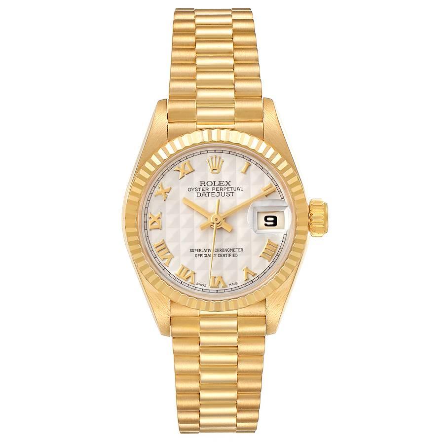 Rolex President Datejust 18K Yellow Gold Pyramid Ladies Watch 69178. Officially certified chronometer self-winding movement. 18k yellow gold oyster case 26.0 mm in diameter. Rolex logo on a crown. 18k yellow gold fluted bezel. Scratch resistant