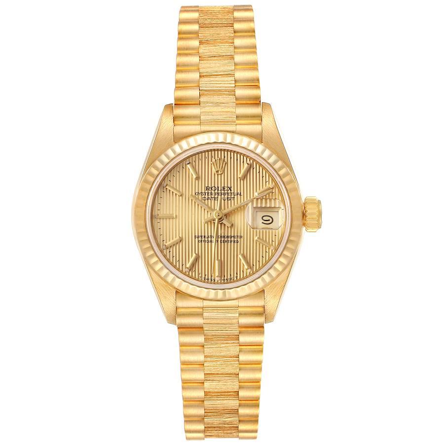 Rolex Präsident Datejust 18K Gelbgold Tapestry Dial Damenuhr 69178. Offiziell zertifiziertes Chronometerwerk mit automatischem Aufzug. oyster-Gehäuse aus 18 Karat Gelbgold mit einem Durchmesser von 26::0 mm. Rolex-Logo auf einer Krone. geriffelte