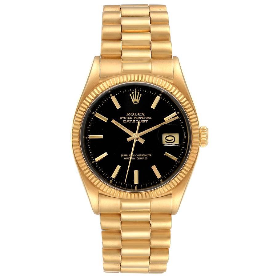 Rolex President Datejust 18k Yellow Gold Vintage Mens Watch 1601. Officially certified chronometer self-winding movement. 18k yellow gold oyster case 36.0 mm in diameter. Rolex logo on a crown. 18k yellow gold fluted bezel. Acrylic crystal with