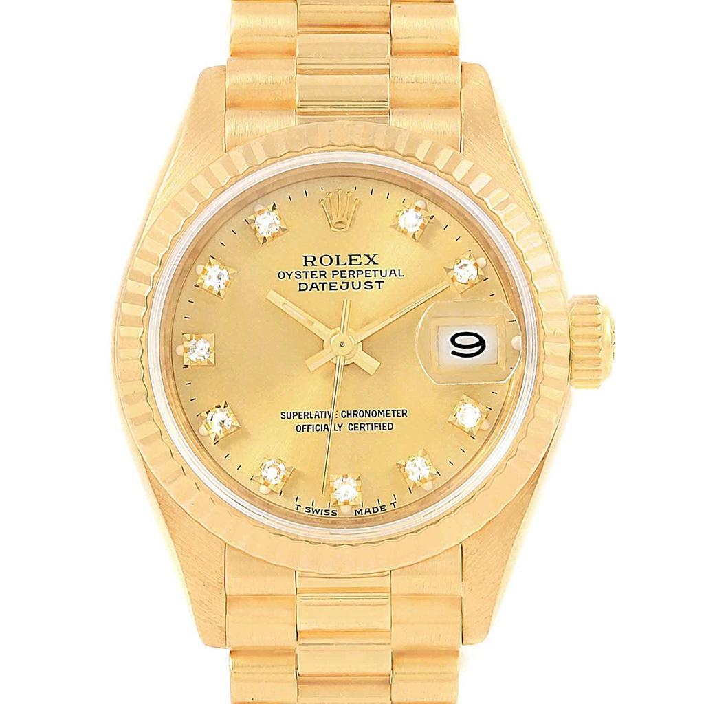 Rolex President Datejust 26 Diamond Dial Yellow Gold Ladies Watch 69178. Officially certified chronometer self-winding movement with quickset date function. 18k yellow gold oyster case 26.0 mm in diameter. Rolex logo on a crown. 18k yellow gold