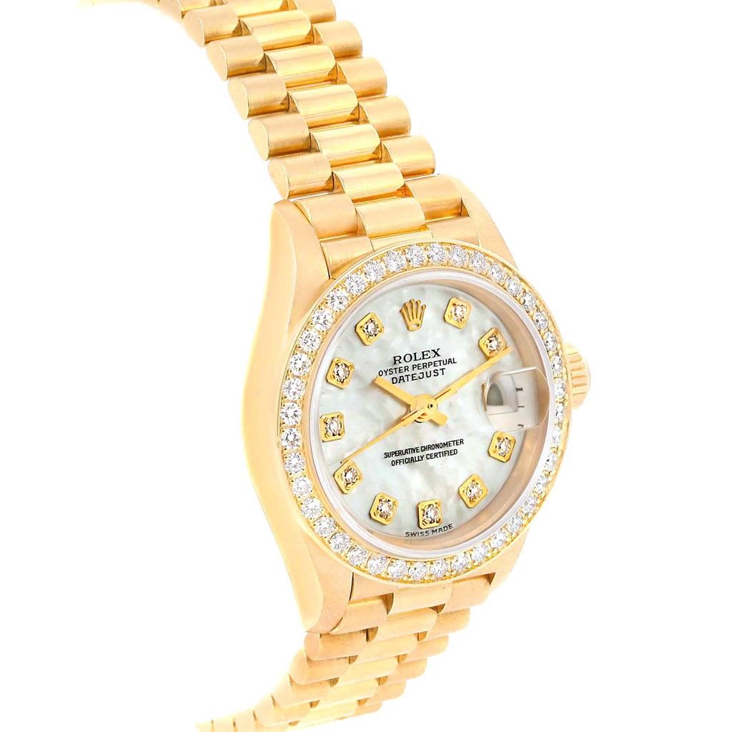 Rolex President Datejust 26 Ladies Yellow Gold MOP Diamonds Watch 79138. Officially certified chronometer self-winding movement. 18k yellow gold oyster case 26.0 mm in diameter. Rolex logo on a crown. Original Rolex 18k yellow gold diamond bezel.