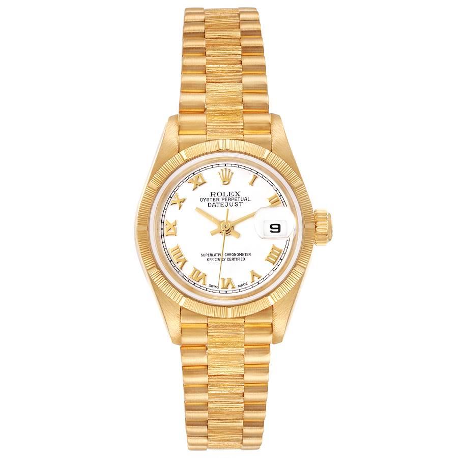 Rolex President Datejust 26 Roman Dial Yellow Gold Ladies Watch 79278. Officially certified chronometer self-winding movement with quickset date function. 18k yellow gold oyster case 26.0 mm in diameter. Rolex logo on a crown. 18k yellow gold engine