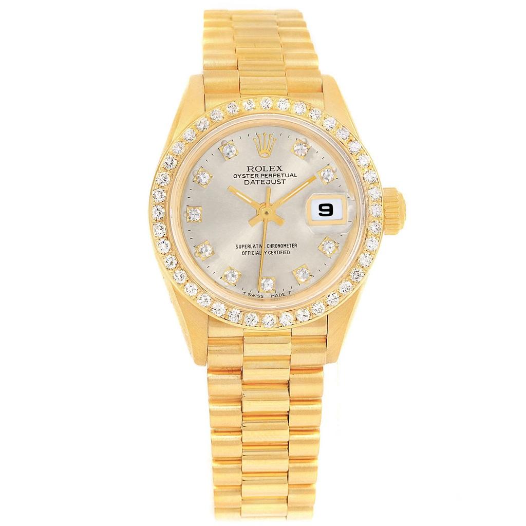 Rolex President Datejust 26 Silver Dial Yellow Gold Diamond Watch 69178 In Excellent Condition In Atlanta, GA