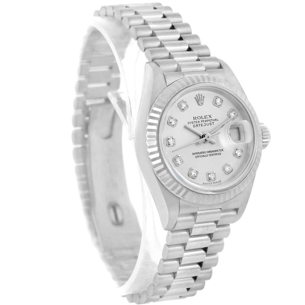Rolex President Datejust 26 White Gold Diamond Dial Ladies Watch 69179. Officially certified chronometer automatic self-winding movement. 18k white gold oyster case 26.0 mm in diameter. Rolex logo on a crown. 18k white gold fluted bezel. Scratch