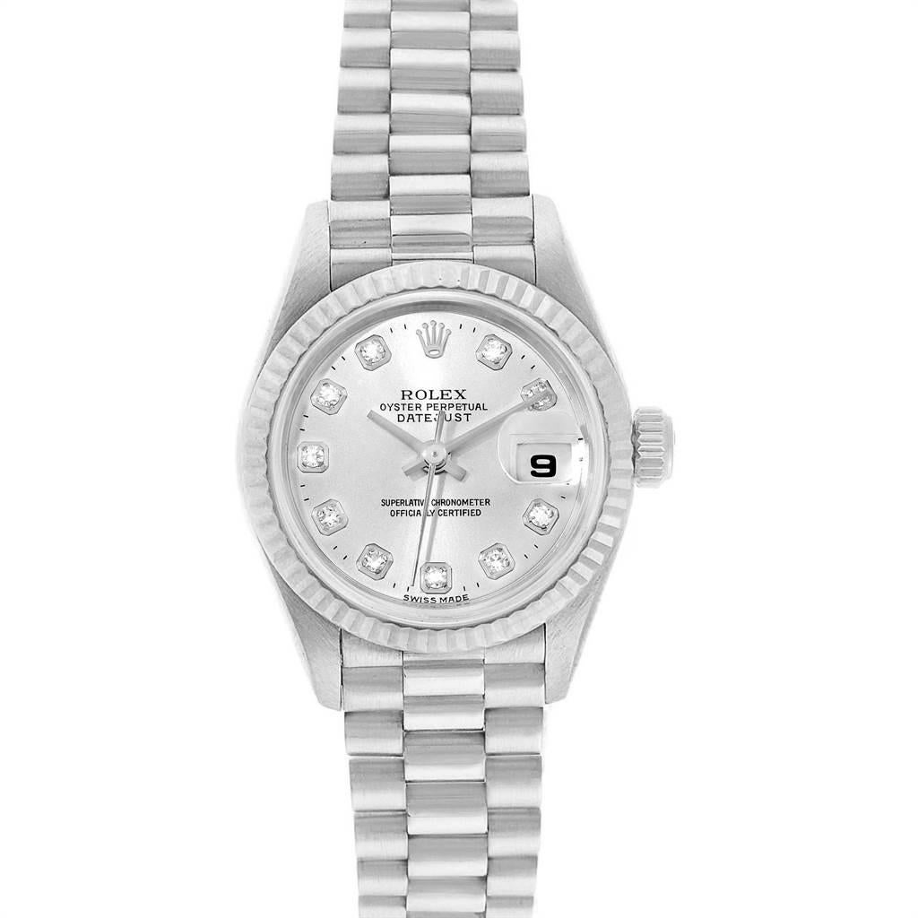 Rolex President Datejust 26 White Gold Diamond Dial Ladies Watch 69179. Officially certified chronometer self-winding movement. 18k white gold oyster case 26.0 mm in diameter. Rolex logo on a crown. 18K white gold fluted bezel. Scratch resistant