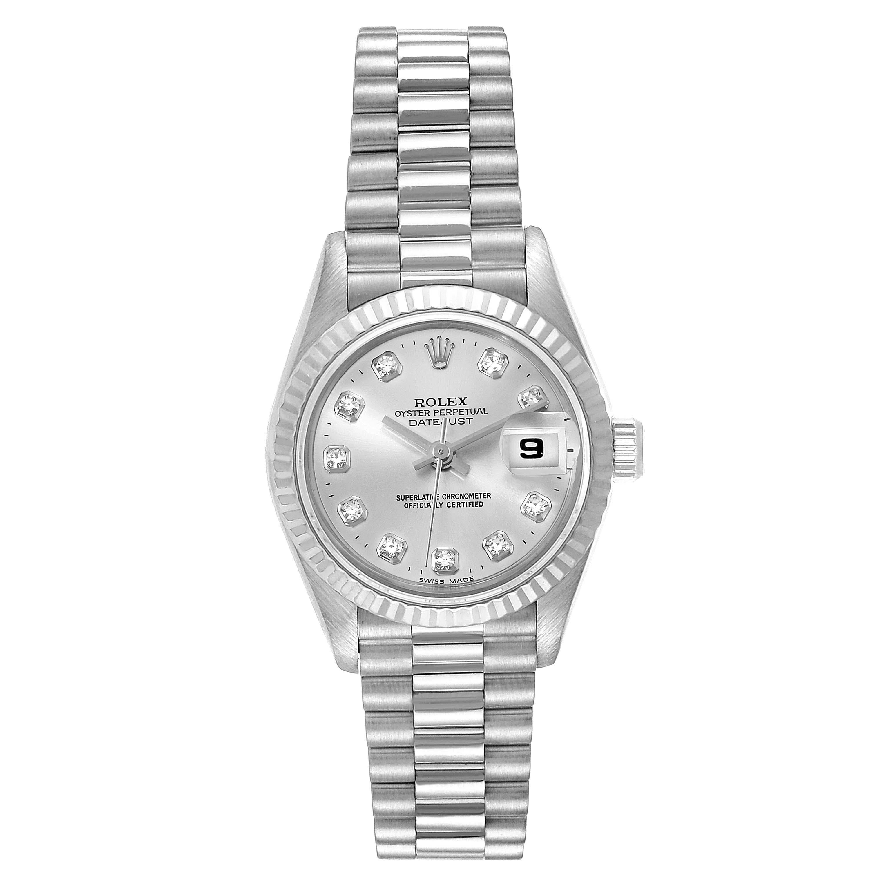 Rolex President Datejust 26 White Gold Diamond Ladies Watch 69179. Officially certified chronometer self-winding movement. 18k white gold oyster case 26.0 mm in diameter. Rolex logo on a crown. 18K white gold fluted bezel. Scratch resistant sapphire