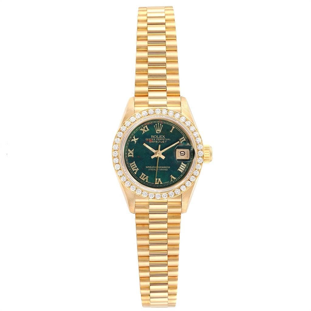 Rolex President Datejust 26 Yellow Gold Bloodstone Diamond Watch 69138. Officially certified chronometer self-winding movement. 18k yellow gold oyster case 26.0 mm in diameter. Rolex logo on a crown. Original Rolex factory 18k yellow gold diamond