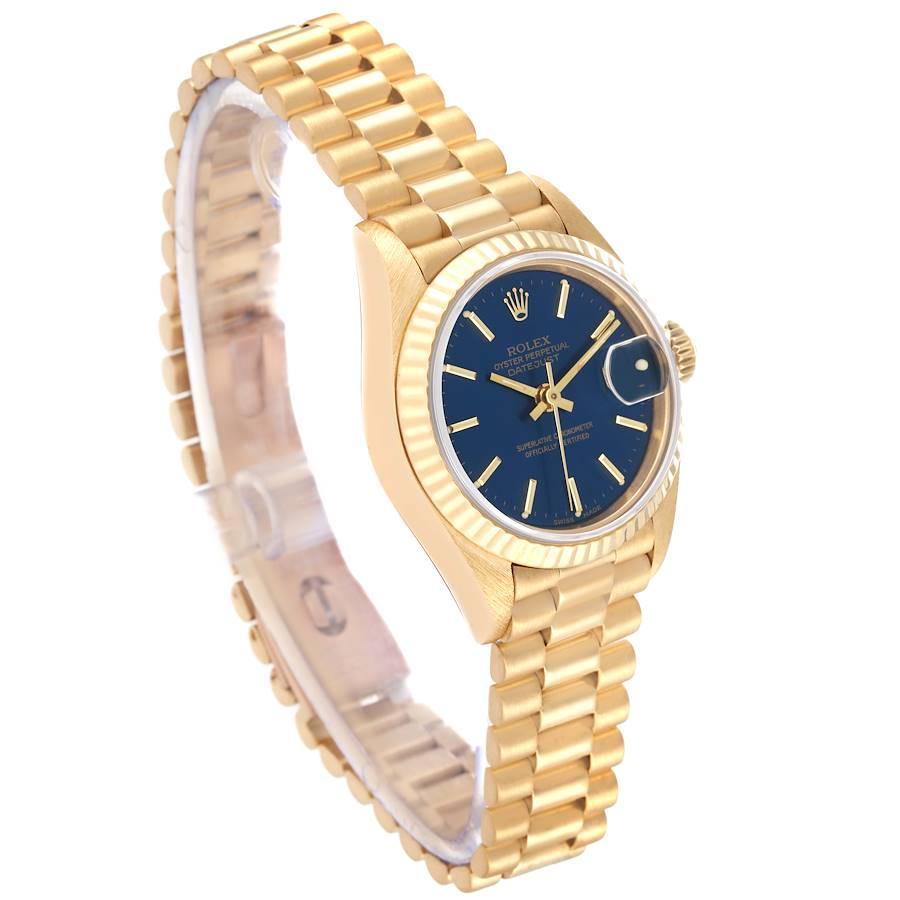 Rolex President Datejust 26 Yellow Gold Blue Dial Ladies Watch 69178. Officially certified chronometer self-winding movement. 18k yellow gold oyster case 26.0 mm in diameter. Rolex logo on a crown. 18k yellow gold fluted bezel. Scratch resistant