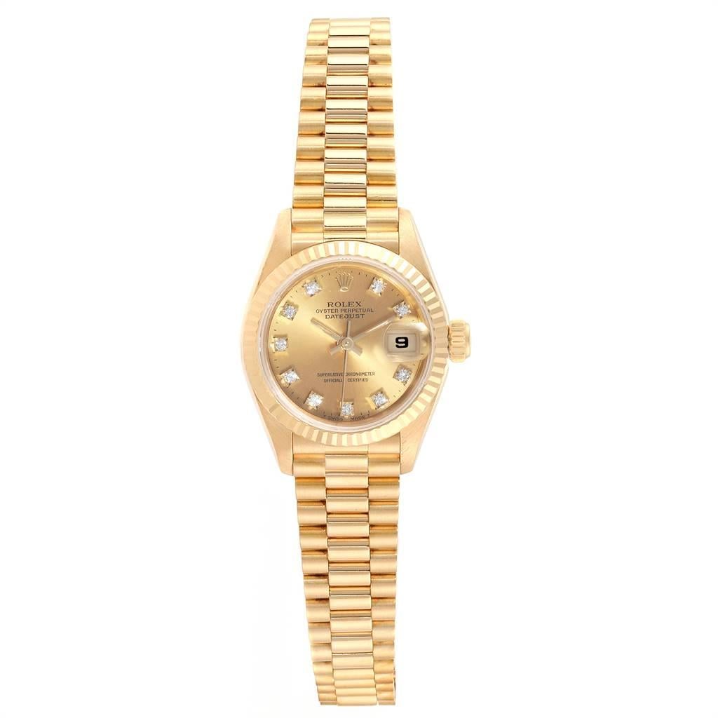Rolex President Datejust 26 Yellow Gold Diamond Dial Ladies Watch 69178. Officially certified chronometer self-winding movement. 18k yellow gold oyster case 26.0 mm in diameter. Rolex logo on a crown. 18k yellow gold fluted bezel. Scratch resistant