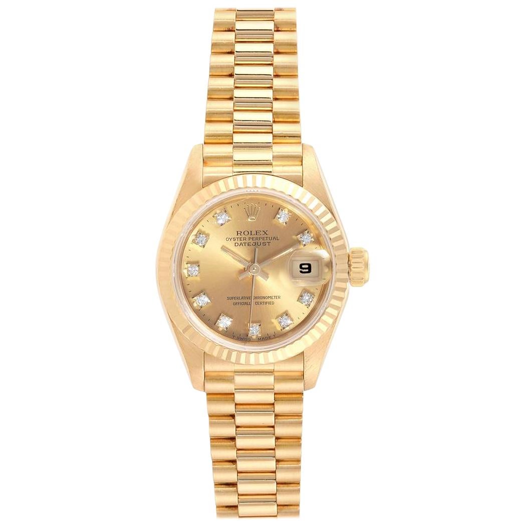 Rolex President Datejust 26 Yellow Gold Diamond Dial Ladies Watch 69178 For Sale