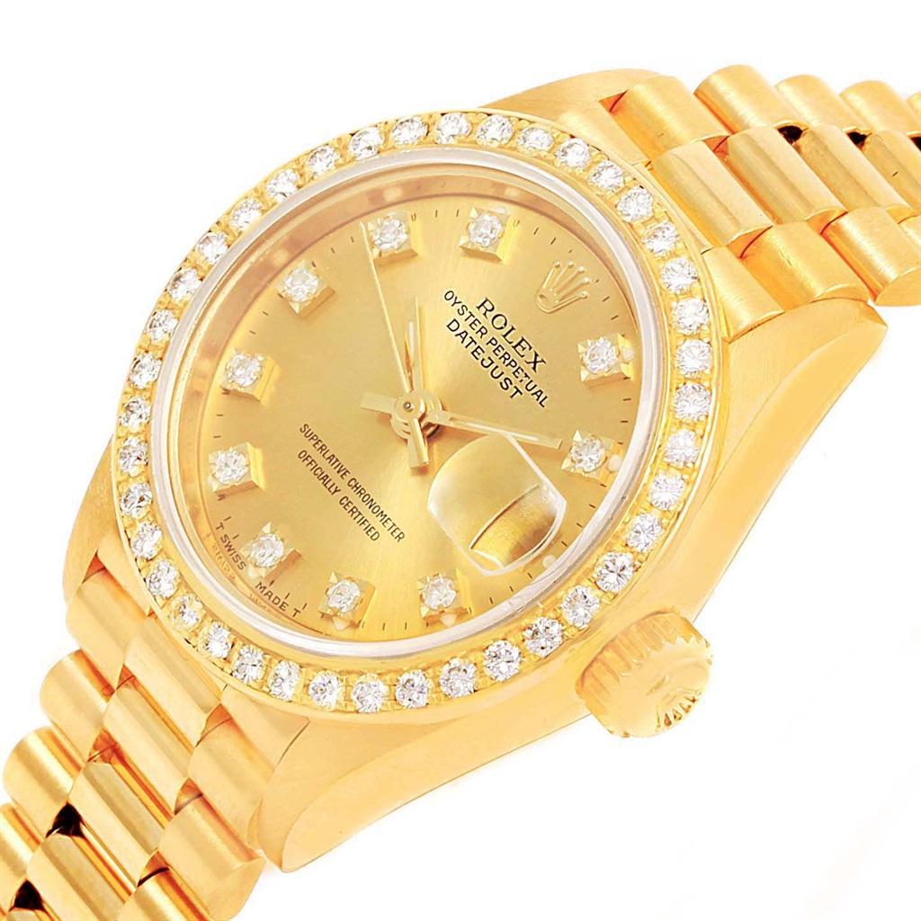 Rolex President Datejust 26 Yellow Gold Diamond Ladies Watch 69138. Officially certified chronometer self-winding movement. 18k yellow gold oyster case 26.0 mm in diameter. Rolex logo on a crown. Original Rolex 18k yellow gold diamond bezel. Scratch