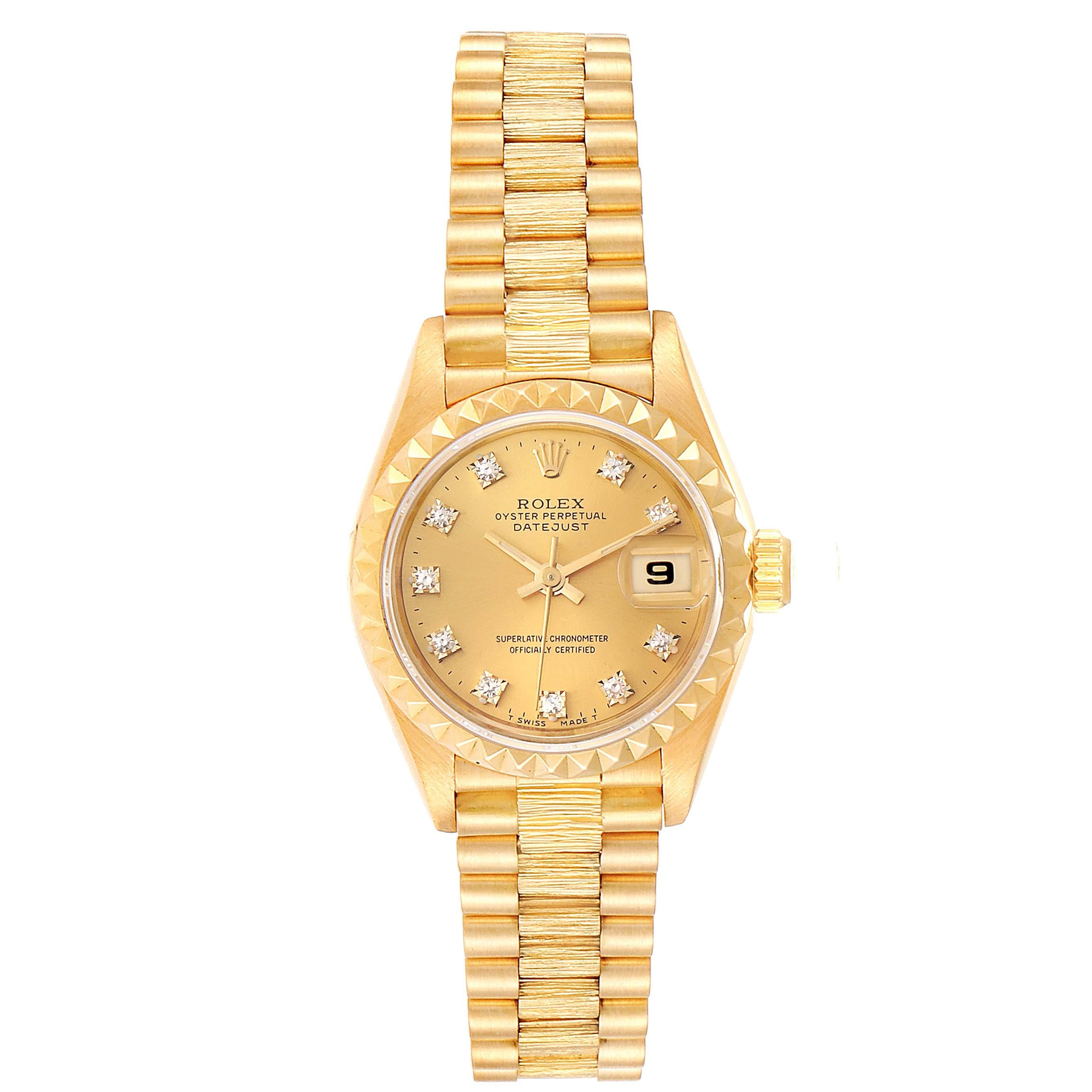 Rolex President Datejust 26 Yellow Gold Diamond Ladies Watch 69278. Officially certified chronometer self-winding movement. 18k yellow gold oyster case 26.0 mm in diameter. Rolex logo on a crown. 18k yellow gold pyramid bezel. Scratch resistant