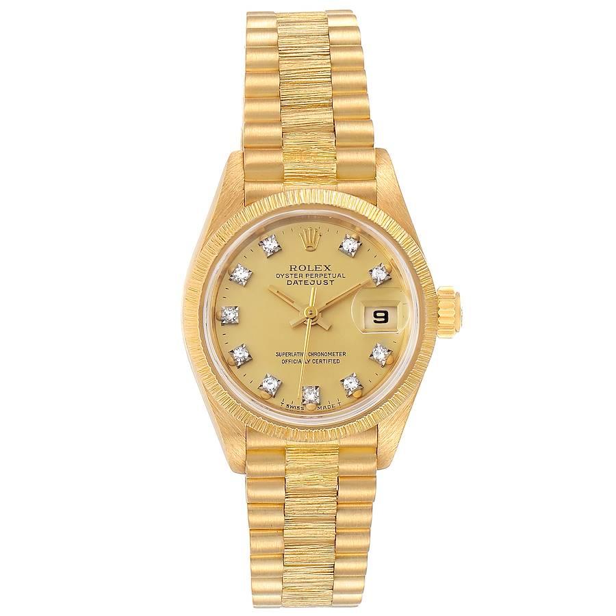 Rolex President Datejust 26 Yellow Gold Diamond Ladies Watch 69278. Officially certified chronometer self-winding movement. 18k yellow gold oyster case 26.0 mm in diameter. Rolex logo on a crown. 18k yellow gold pyramid bezel. Scratch resistant