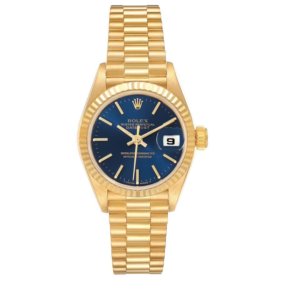 Rolex President Datejust 26 Yellow Gold Ladies Watch 69178 Box Papers. Officially certified chronometer self-winding movement. 18k yellow gold oyster case 26.0 mm in diameter. Rolex logo on a crown. 18k yellow gold fluted bezel. Scratch resistant