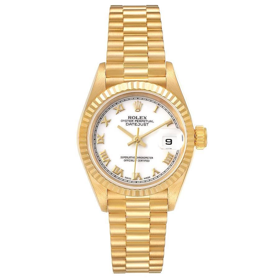 Rolex President Datejust 26 Yellow Gold White Dial Ladies Watch 69178. Officially certified chronometer self-winding movement. 18k yellow gold oyster case 26.0 mm in diameter. Rolex logo on a crown. 18k yellow gold fluted bezel. Scratch resistant