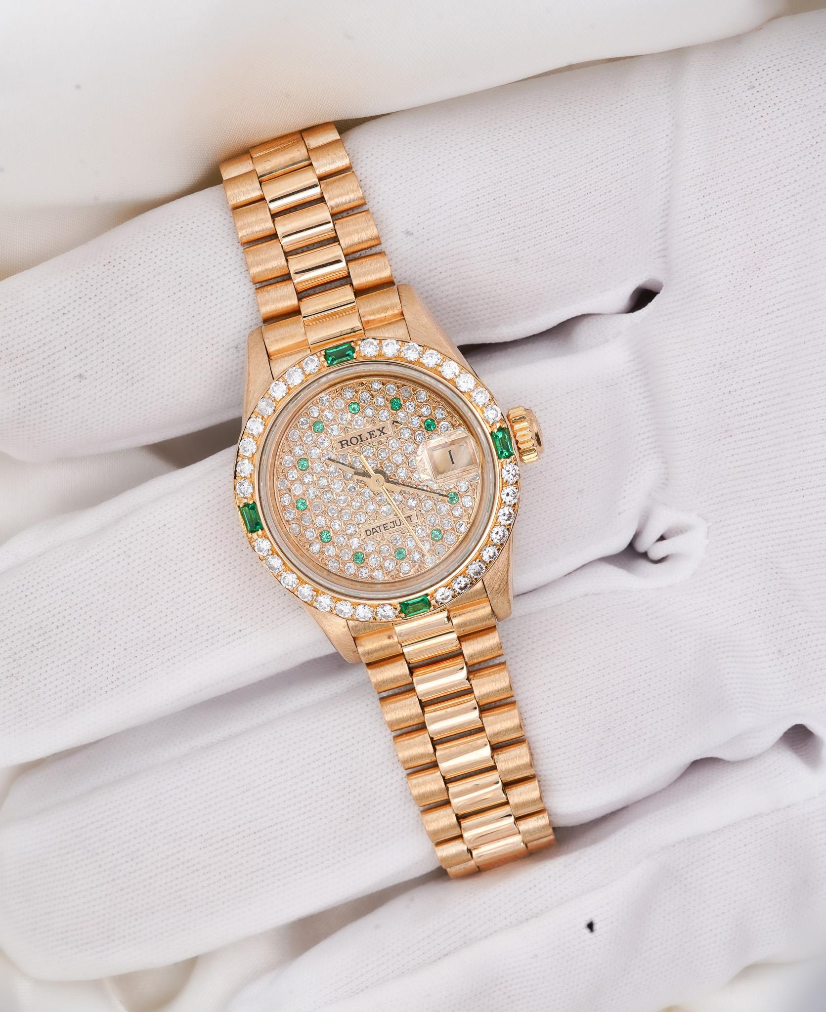 Rolex Montre President Datejust 26 mm en or 18 carats, émeraude et diamants pour femmes Pour femmes en vente