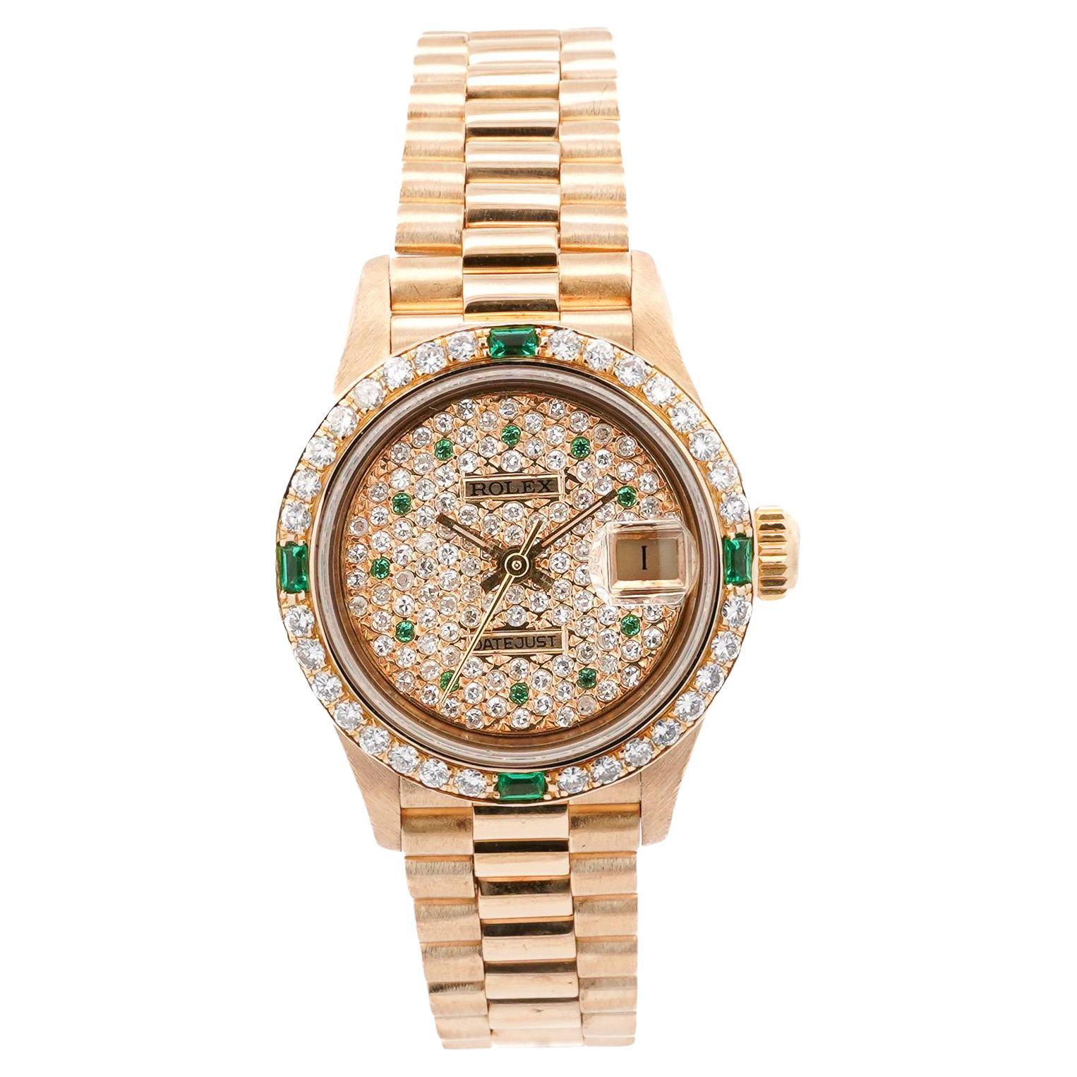 Rolex Montre President Datejust 26 mm en or 18 carats, émeraude et diamants pour femmes