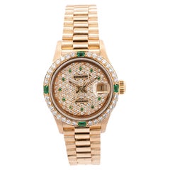 Rolex President Datejust 26mm 18K Gold Emerald & Diamond Ladies Watch