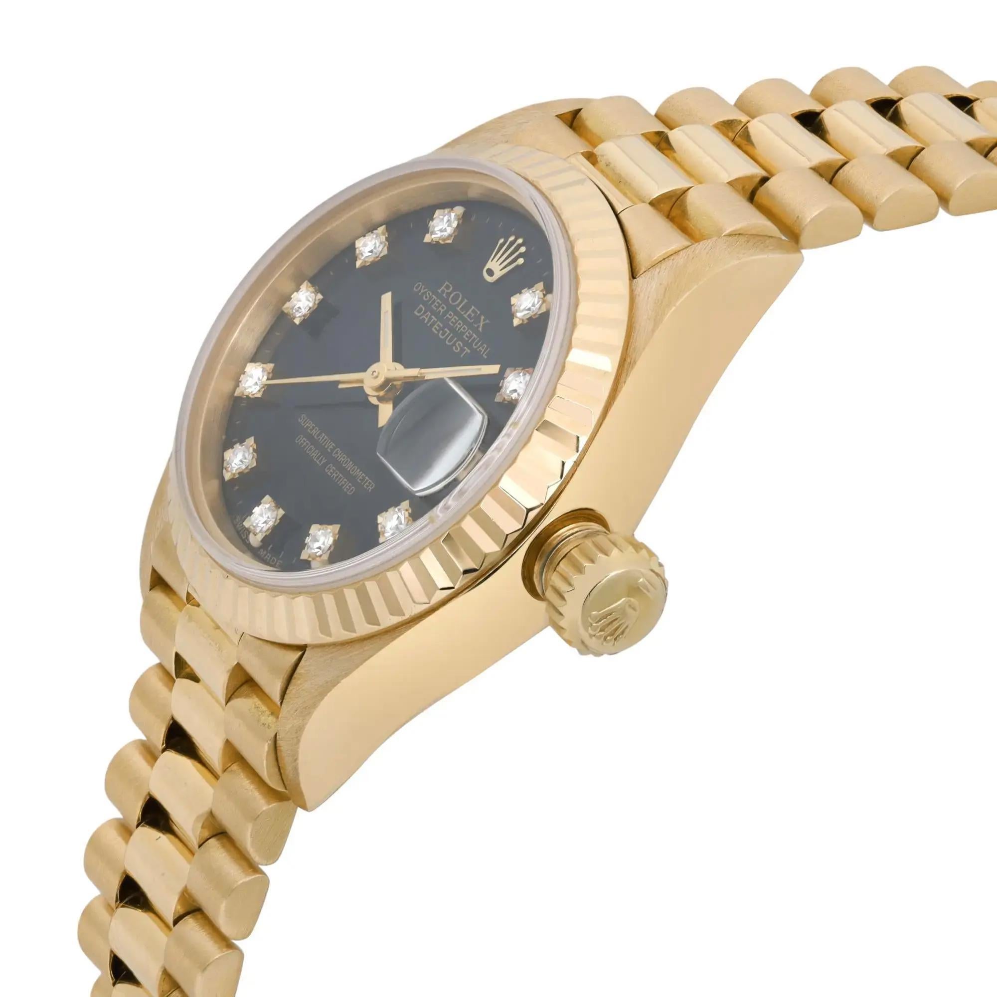 Seltene Rolex President Datejust 26mm 18K Gold Diamant Schwarzes Zifferblatt Uhr 69178, selten im Zustand „Gut“ im Angebot in New York, NY