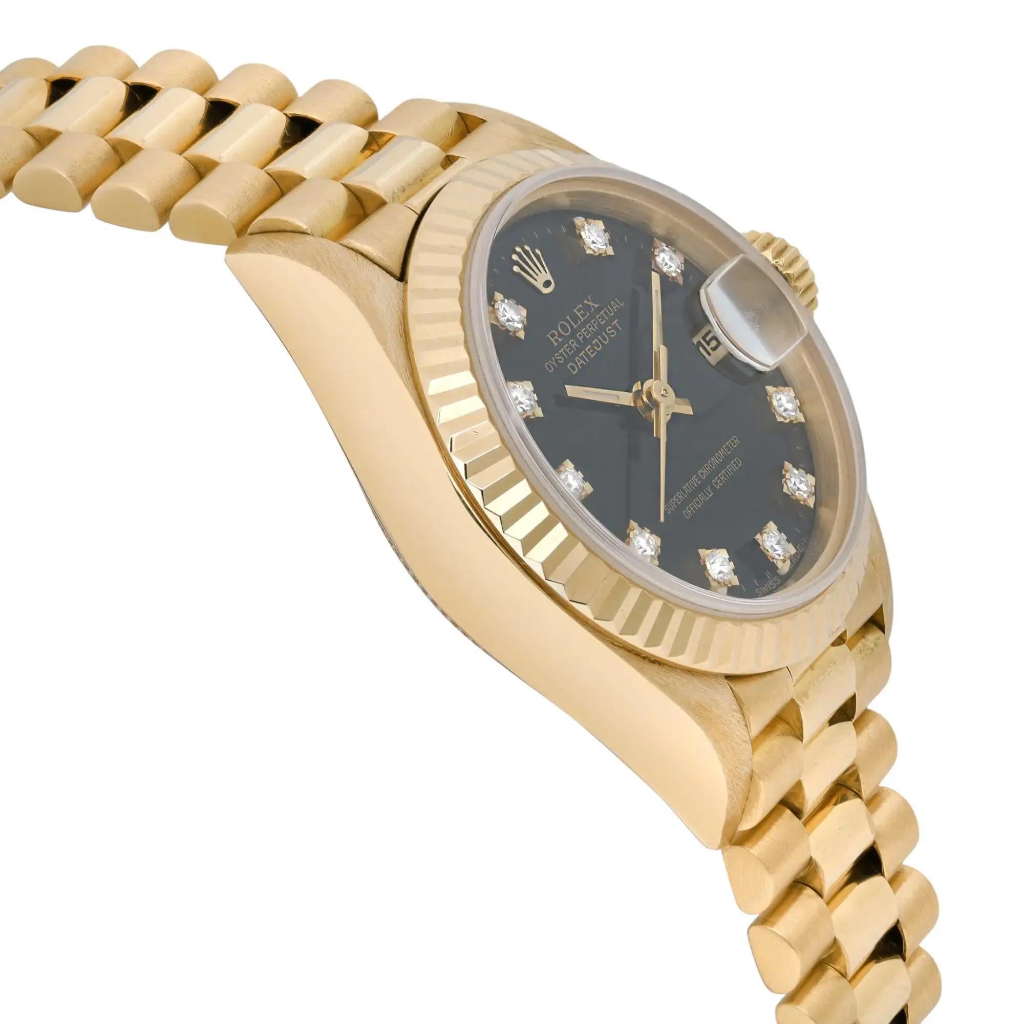 Seltene Rolex President Datejust 26mm 18K Gold Diamant Schwarzes Zifferblatt Uhr 69178, selten Damen im Angebot