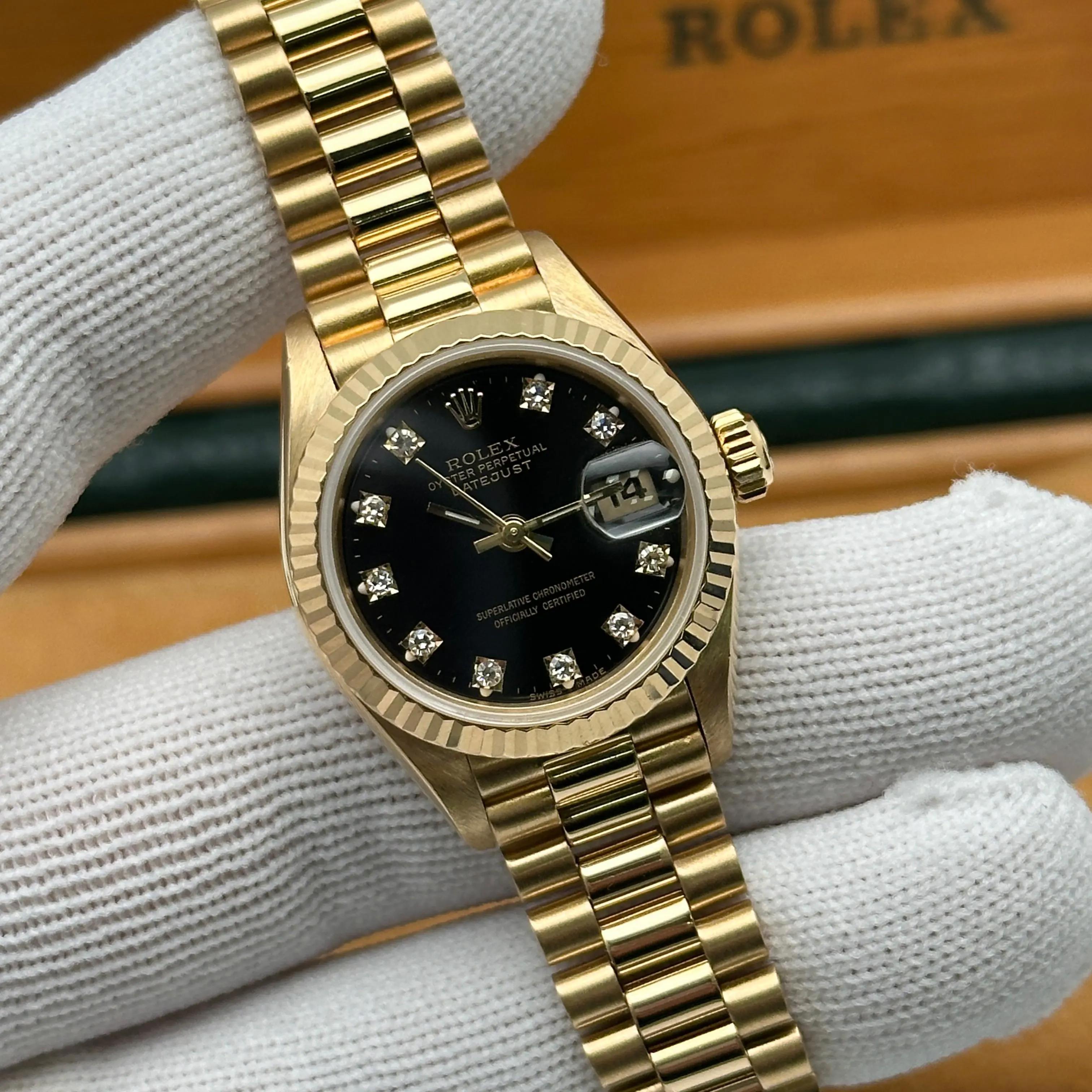 Seltene Rolex President Datejust 26mm 18K Gold Diamant Schwarzes Zifferblatt Uhr 69178, selten im Angebot 3