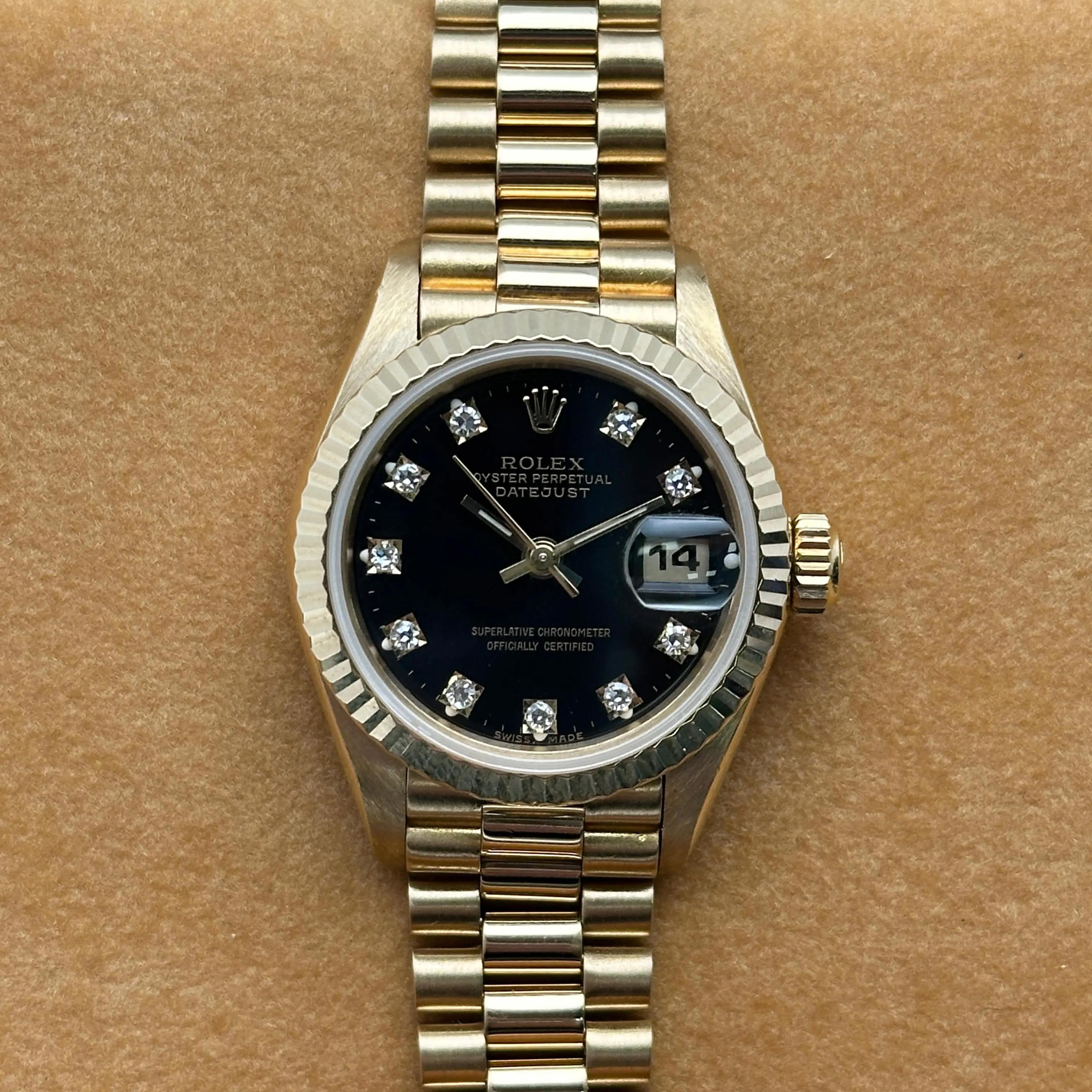 Seltene Rolex President Datejust 26mm 18K Gold Diamant Schwarzes Zifferblatt Uhr 69178, selten im Angebot 4