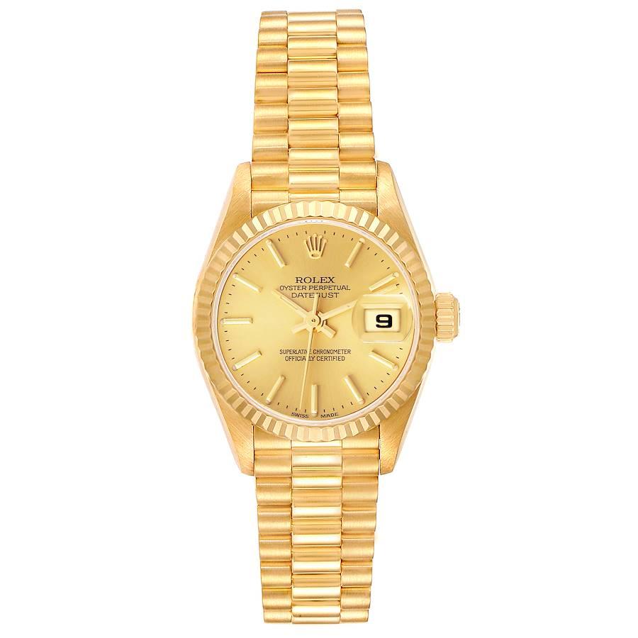 Rolex Präsident Datejust 26mm 18k Gelbgold Damenuhr 79178. Offiziell zertifiziertes Chronometerwerk mit automatischem Aufzug und Datumsschnellverstellung. Oyster-Gehäuse aus 18 Karat Gelbgold mit einem Durchmesser von 26 mm. Rolex Logo auf einer
