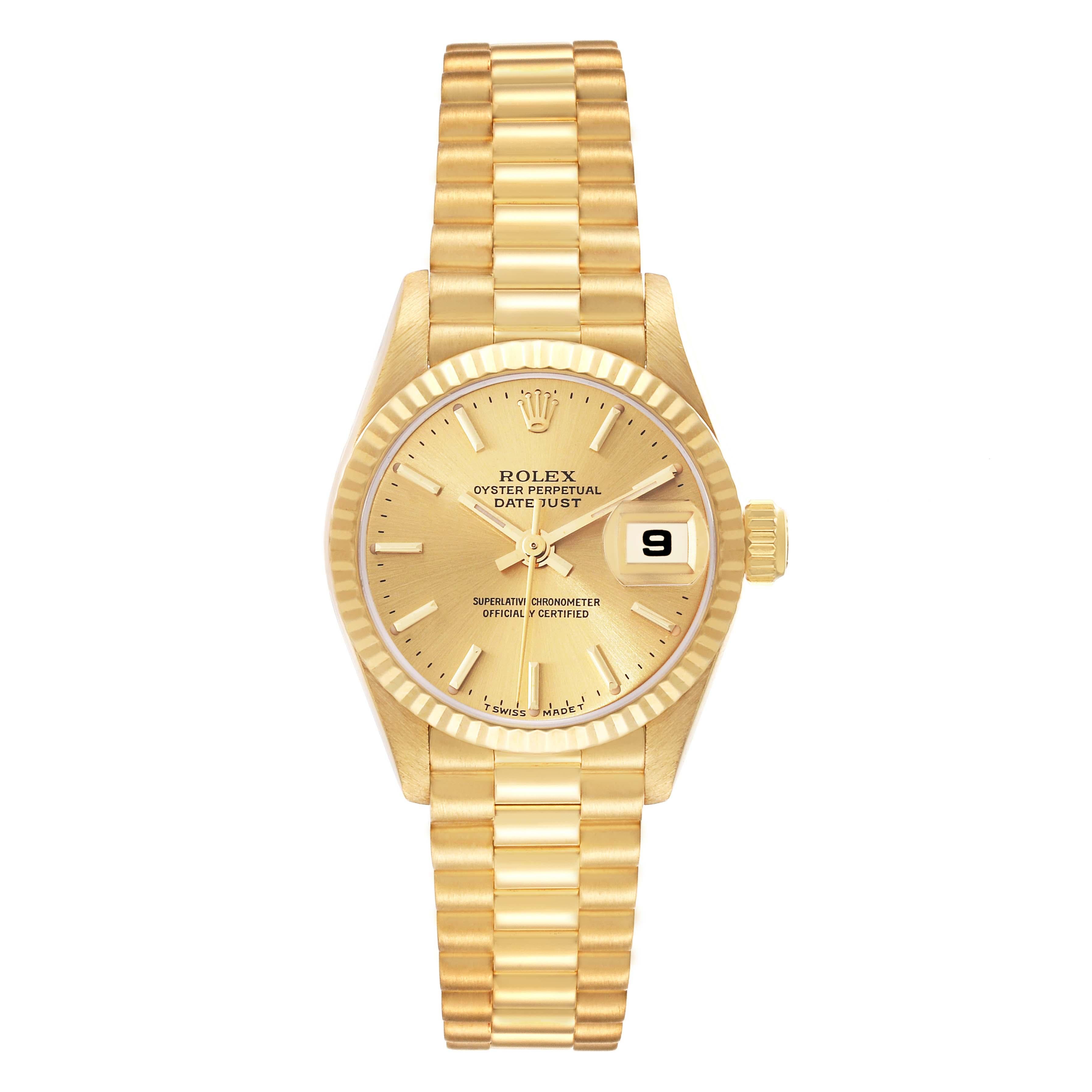 Rolex President Datejust 26mm 18k Yellow Gold Ladies Watch 79178. Officially certified chronometer self-winding movement with quickset date function. 18k yellow gold oyster case 26 mm in diameter. Rolex logo on a crown. 18k yellow gold fluted bezel.