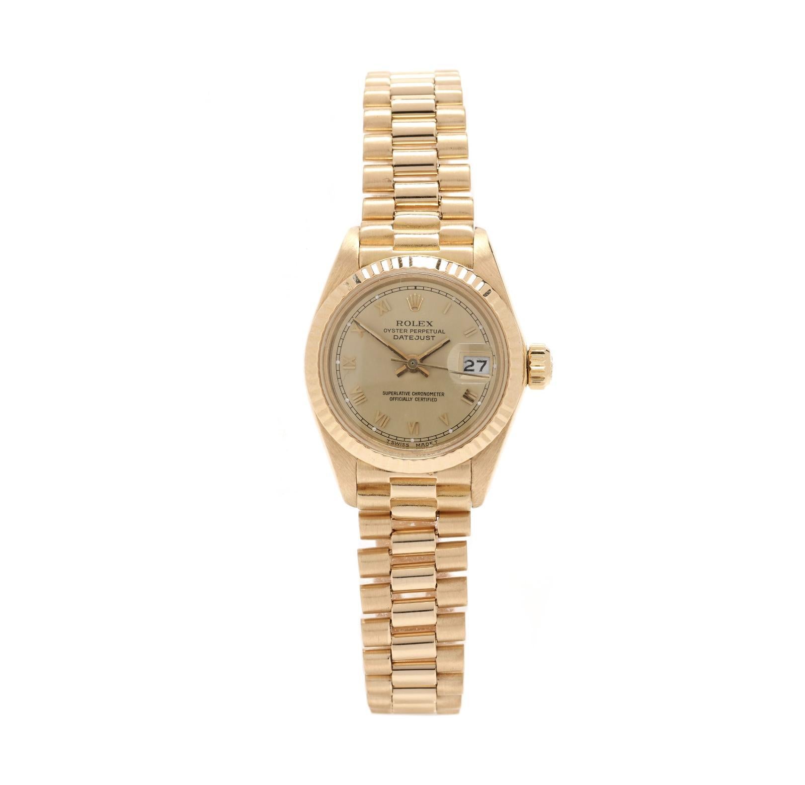 Rolex President Datejust 26mm Fluted 18K Gold Ladies Watch For Sale 2